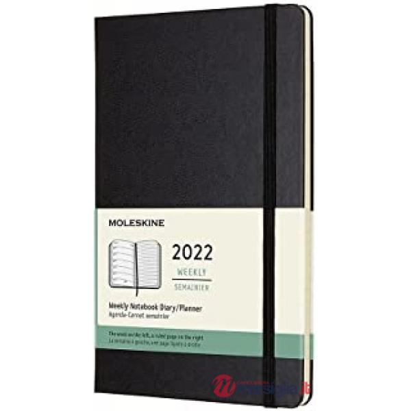 12 months, weekly notebook. Large, hard cover, black