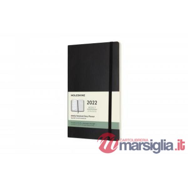 12 months, weekly notebook. Large, soft cover, black