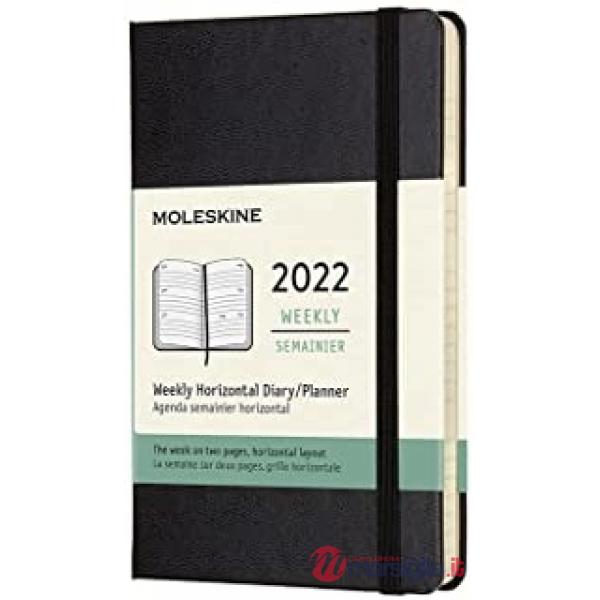 12 months, weekly horizontal. Pocket, hard cover, black