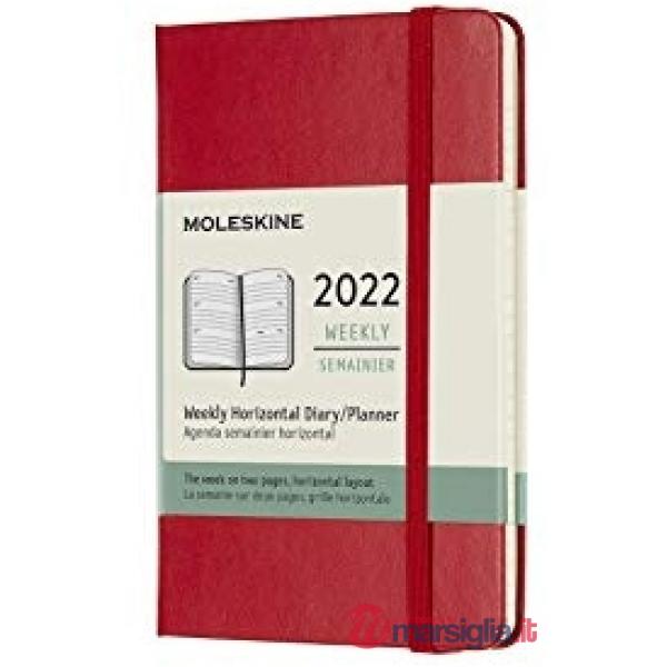 12 months, weekly horizontal. Pocket, hard cover, scarlet red