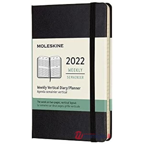 12 months, weekly, vertical. Pocket, hard cover, black