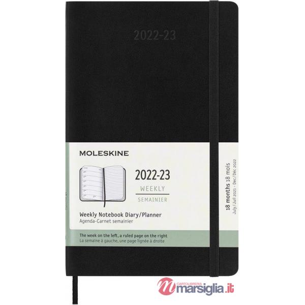 18 months, weekly notebook. Large, soft cover, black
