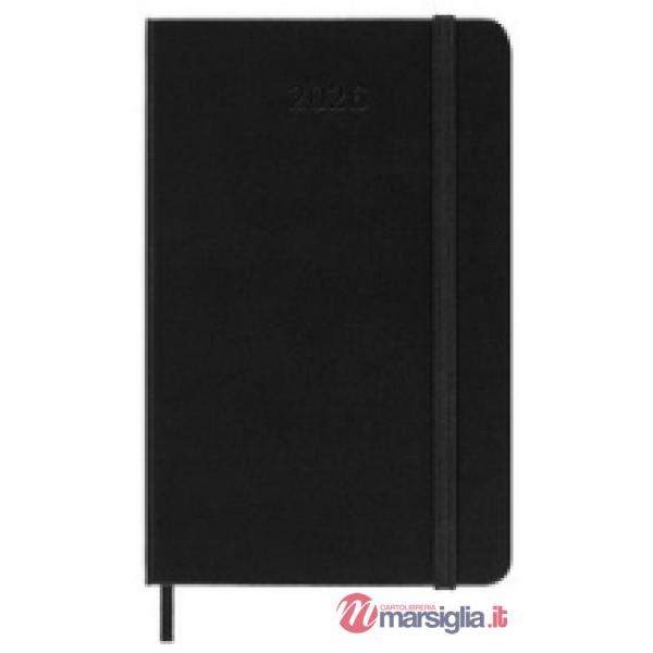 12 months, weekly, horizontal. Pocket, hard cover, black