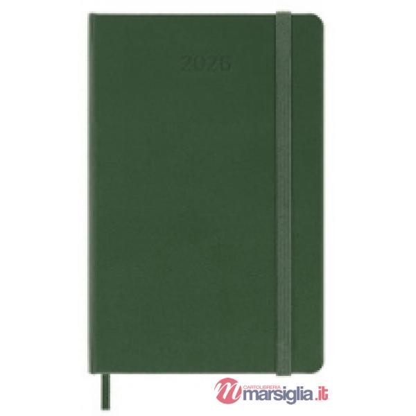 12 months, daily. Pocket, hard cover, myrtle green