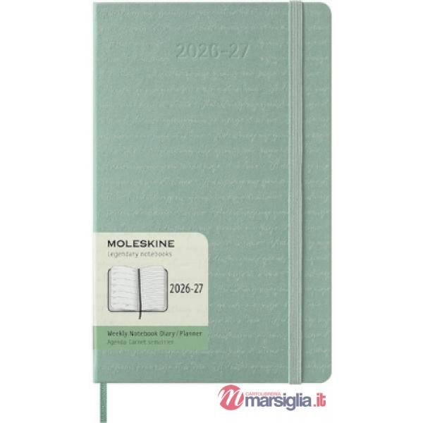 18 months weekly notebook. Large, sage green, hard cover. 2027