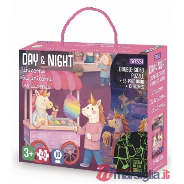 Unicorns-Gli unicorni-Les licornes. Puzzle day & night. Ediz. multilingue. Con puzzle di 40 pezzi. Con 10 sagome dei personaggi