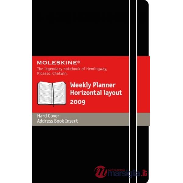 Weekly planner, 2009, horizontal. Pocket, hard cover, black