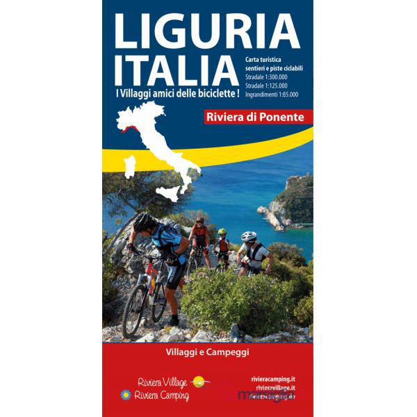 Liguria Italia riviera di Ponente. Carta turistica, sentieri e piste ciclabili. Villaggi e campeggi
