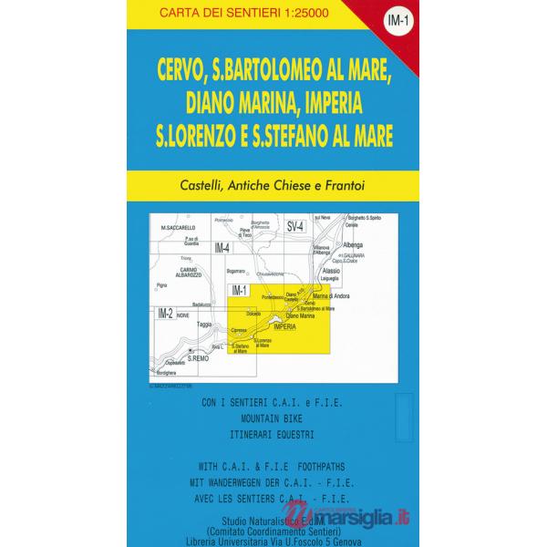 Carta dei sentieri IM-1 1:25.000. Cervo, San Bartolomeo al Mare, Diano Marina, Imperia. S. Lorenzo e S. Stefano al Mare. Castell