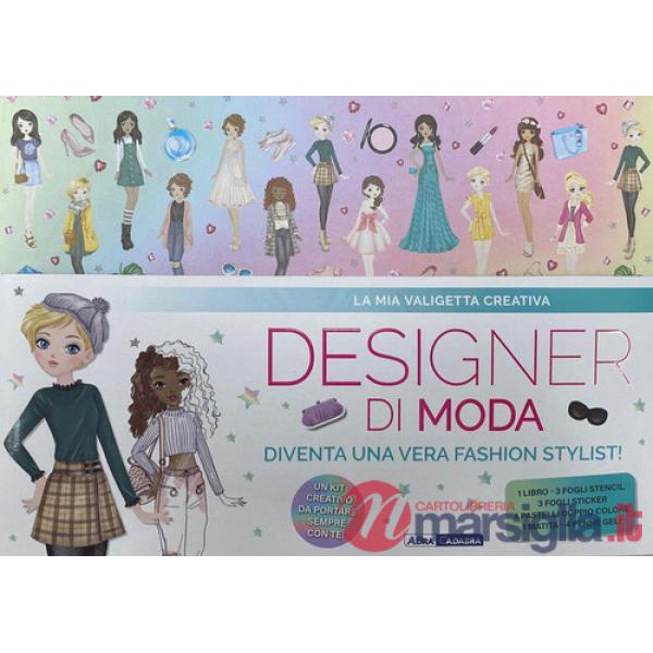 Mia valigetta creativa. Designer di moda. Con 3 fogli stencil. Con 3 fogli sticker. Con matita. Con 4 pastelli doppio colore. Co