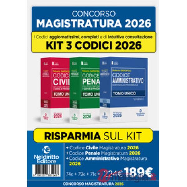 Kit 3 codici normativi Civile, Penale e Amministrativo 2026 per il concorso in magistratura prove scritte giugno 2026